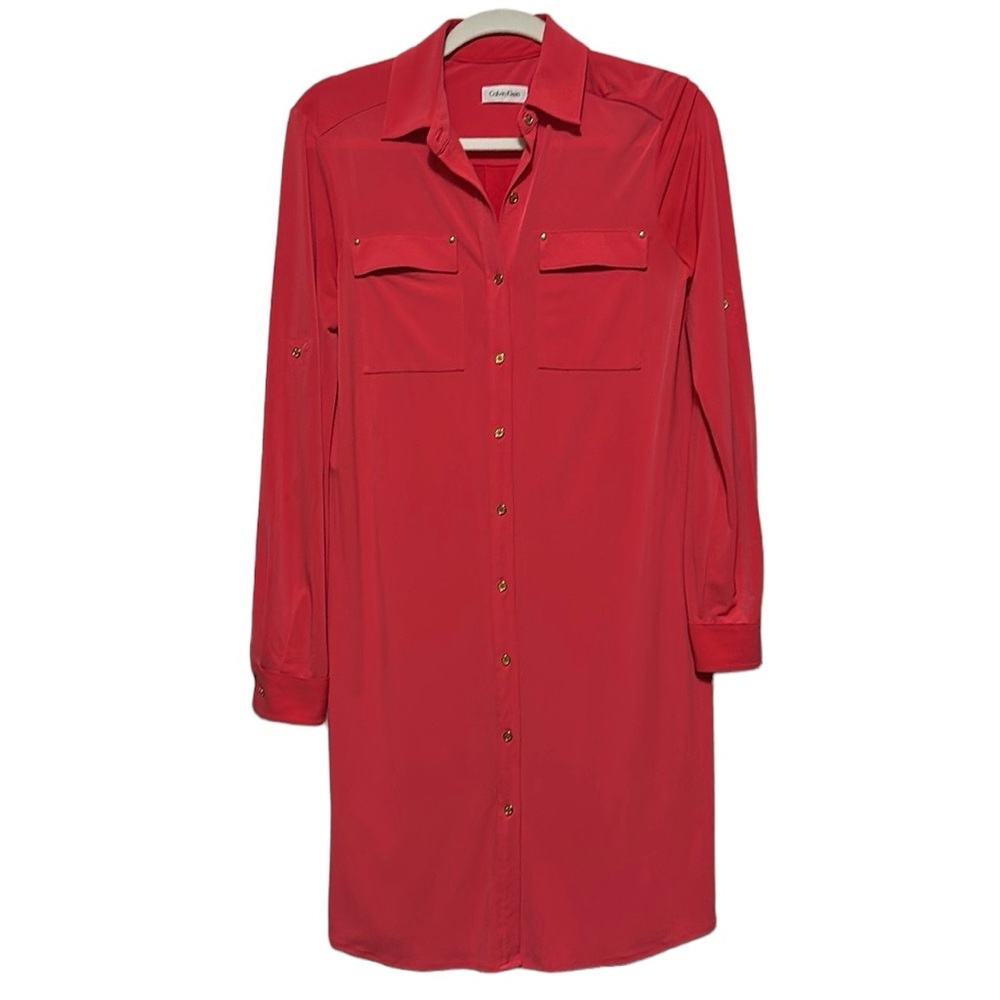 Calvin Klein Women’s Coral Pink Long Sleeve Button Down Dress Size 4 - Picture 1 of 6